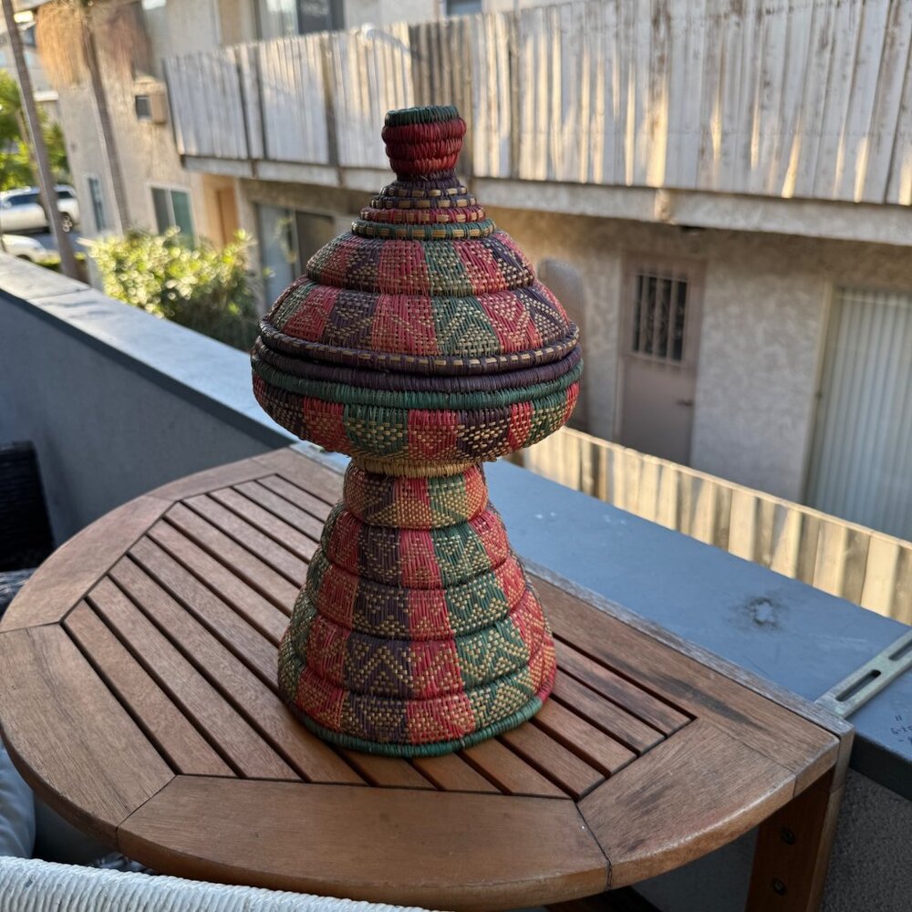 Handwoven African Basket With Lid - Multicolor Red/Green/Purple - Natural Grass